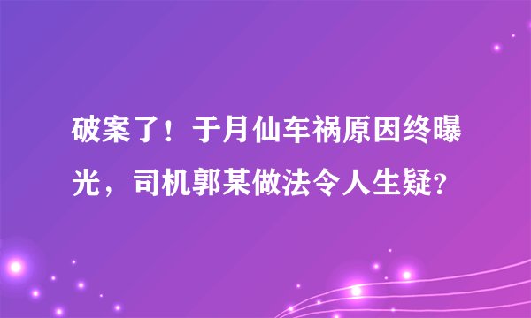 破案了！于月仙车祸原因终曝光，司机郭某做法令人生疑？