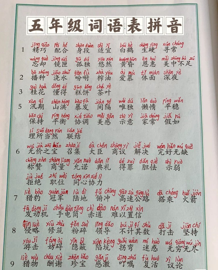 五年级上册词语表带拼音