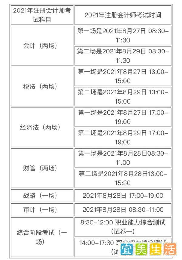 注册会计师考试科目时间表2021